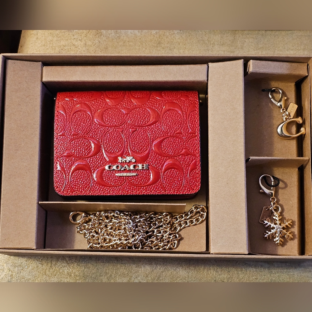Coach Boxed Mini Wallet On A Chain Electric Red